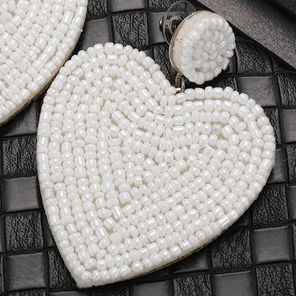 Handmade Large White Heart Beaded Earrings Bead Hearts Statement Jewelry New - Picture 6 of 8